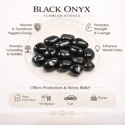 Black onyx tumbled stones infographic listing visible product features and suggested placement
