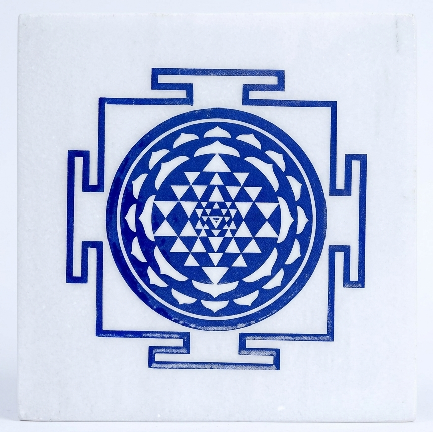 Blue Sri Yantra symbol on a white background