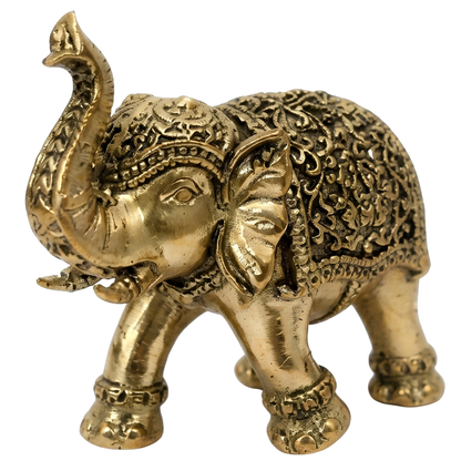 2-inch royal brass elephant figurine front three-quarter view showing the raised trunk and antique blanket