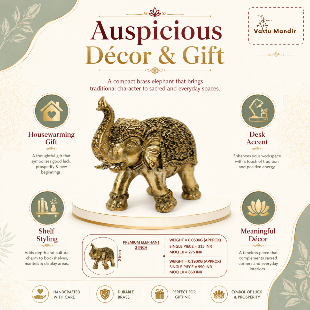 2-inch royal brass elephant figurine close-up of the raised trunk, ears and head details