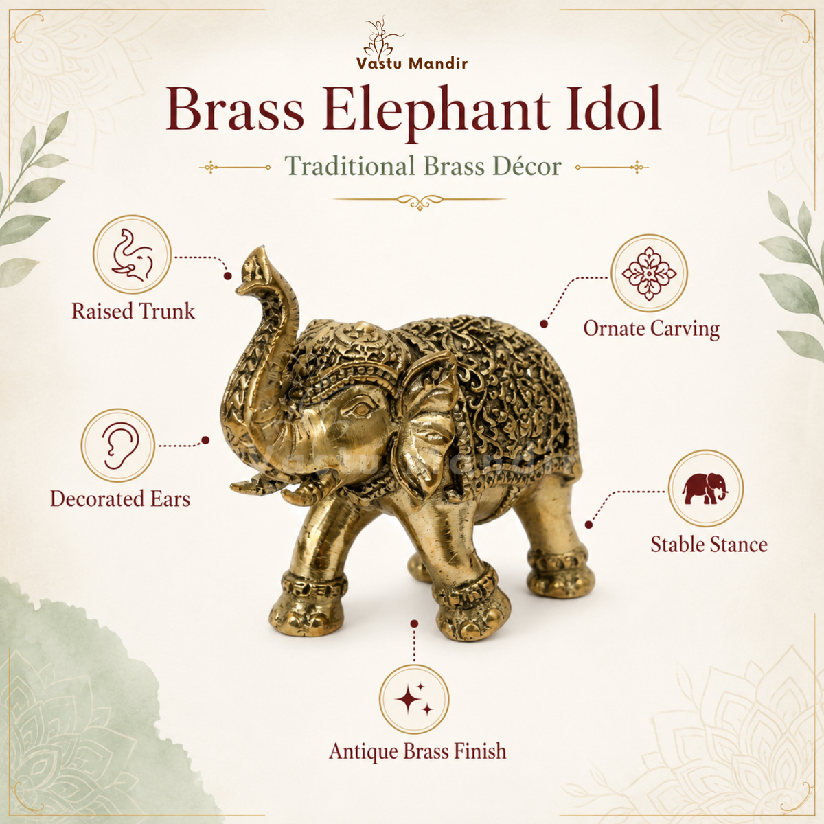 2-inch royal brass elephant figurine on a beige background with the engraved saddle details visible