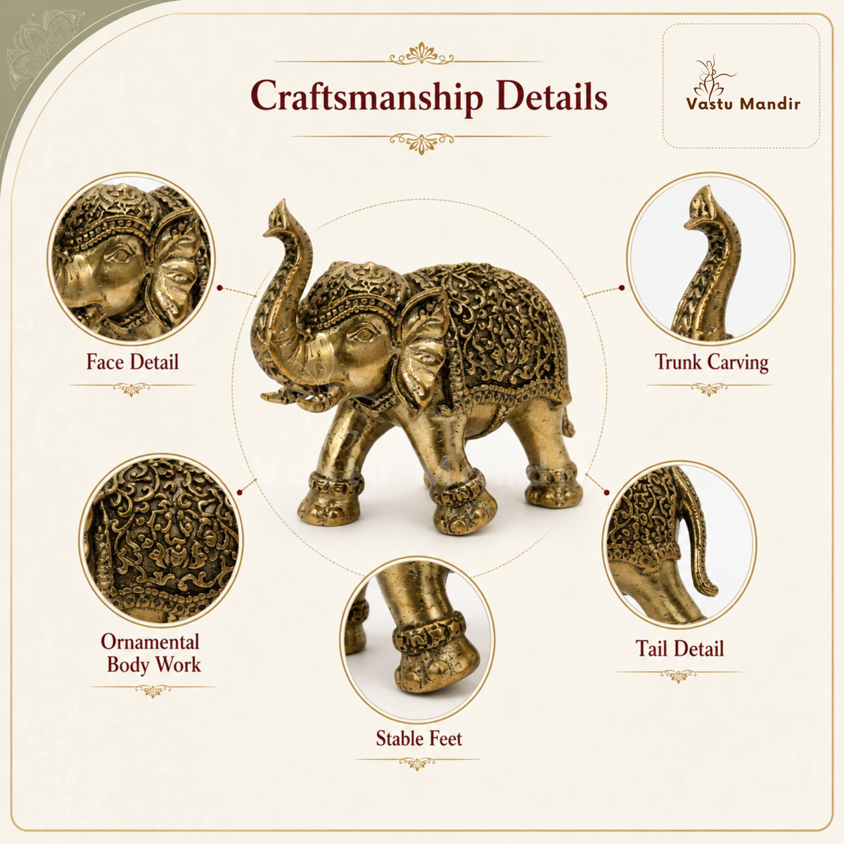 2-inch royal brass elephant figurine dimension infographic showing the compact 2-inch form