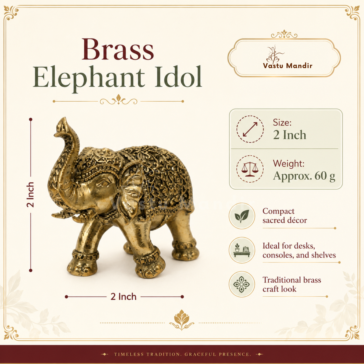 2-inch royal brass elephant figurine feature infographic highlighting raised trunk and decorative blanket