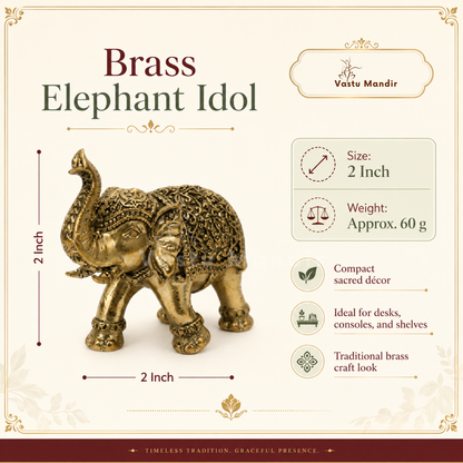 2-inch royal brass elephant figurine feature infographic highlighting raised trunk and decorative blanket
