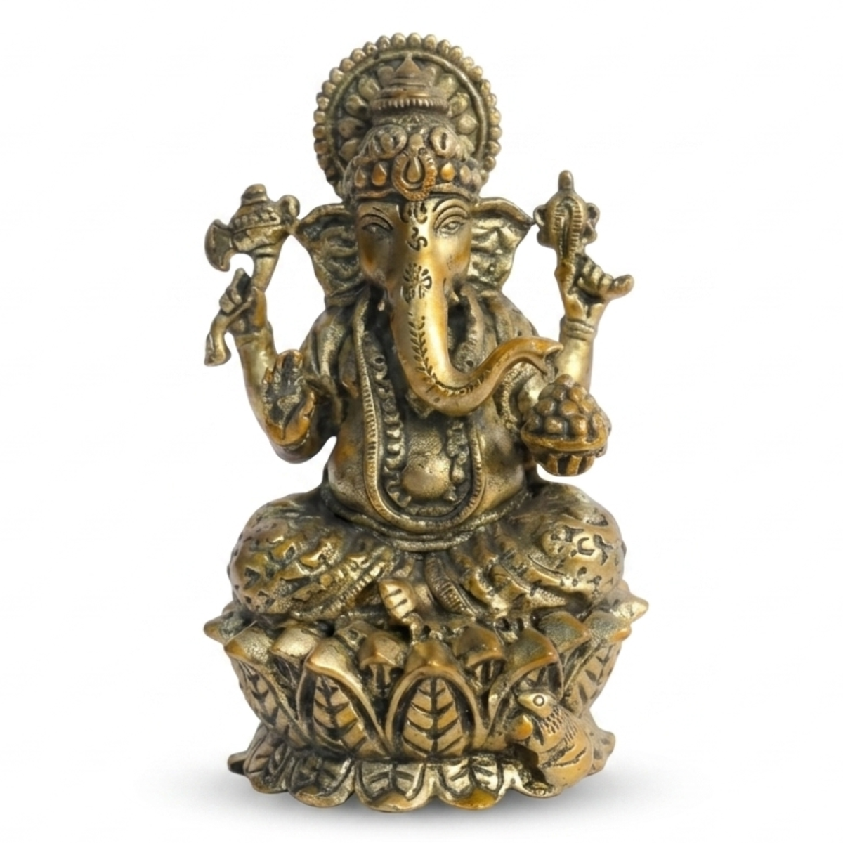 Brass Ganesha idol on lotus base alternate full-length view isolated on white background
