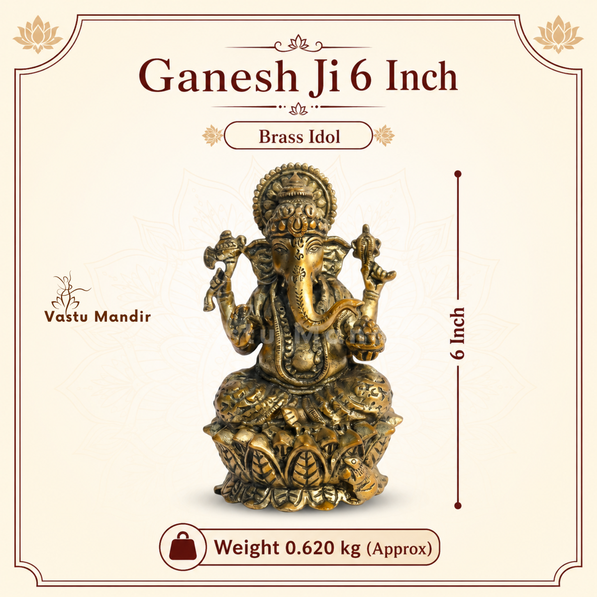 Brass Ganesha idol on lotus base dimension and weight infographic for the available size