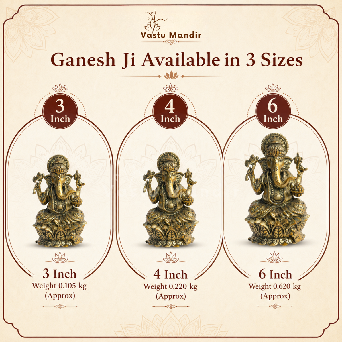 Brass Ganesha idol on lotus base front three-quarter view isolated on white background