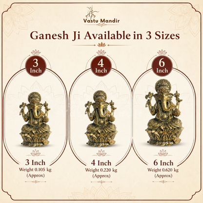Brass Ganesha idol on lotus base front three-quarter view isolated on white background