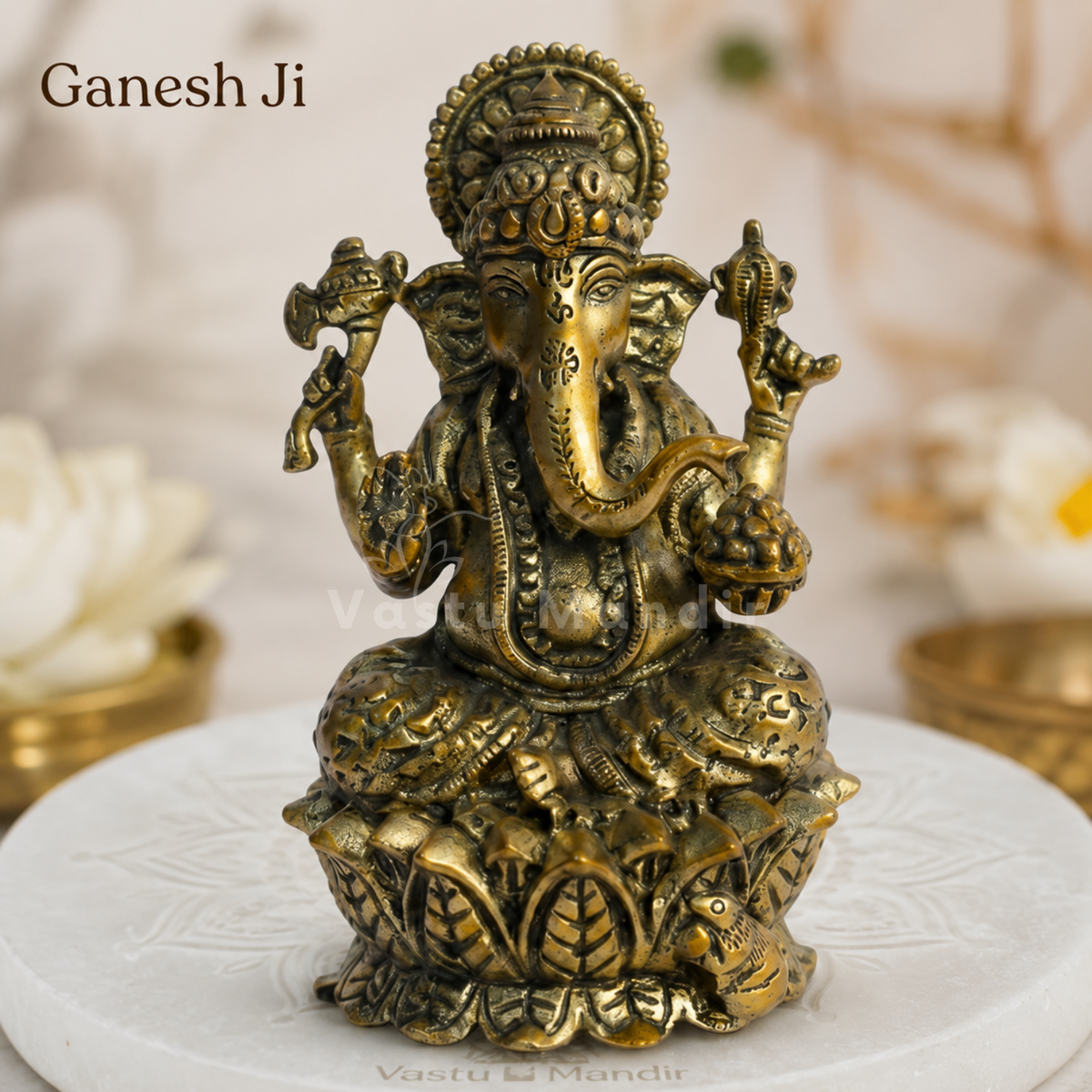 Brass Ganesha idol on lotus base alternate front angle on a white display platform
