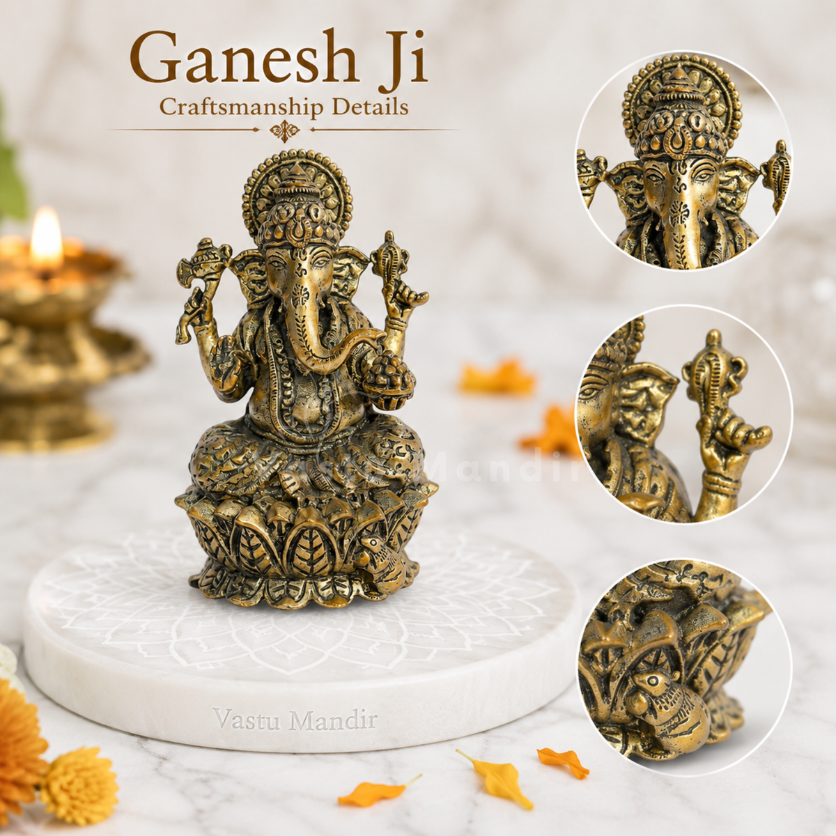 Brass Ganesha idol on lotus base close-up infographic of the crown, trunk and lotus base detailing