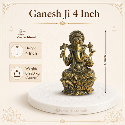 Brass Ganesha idol on lotus base displayed on a decorative shelf in a neutral interior