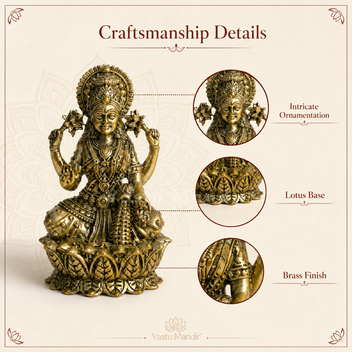 Brass Goddess Lakshmi idol multiple size comparison on a neutral background