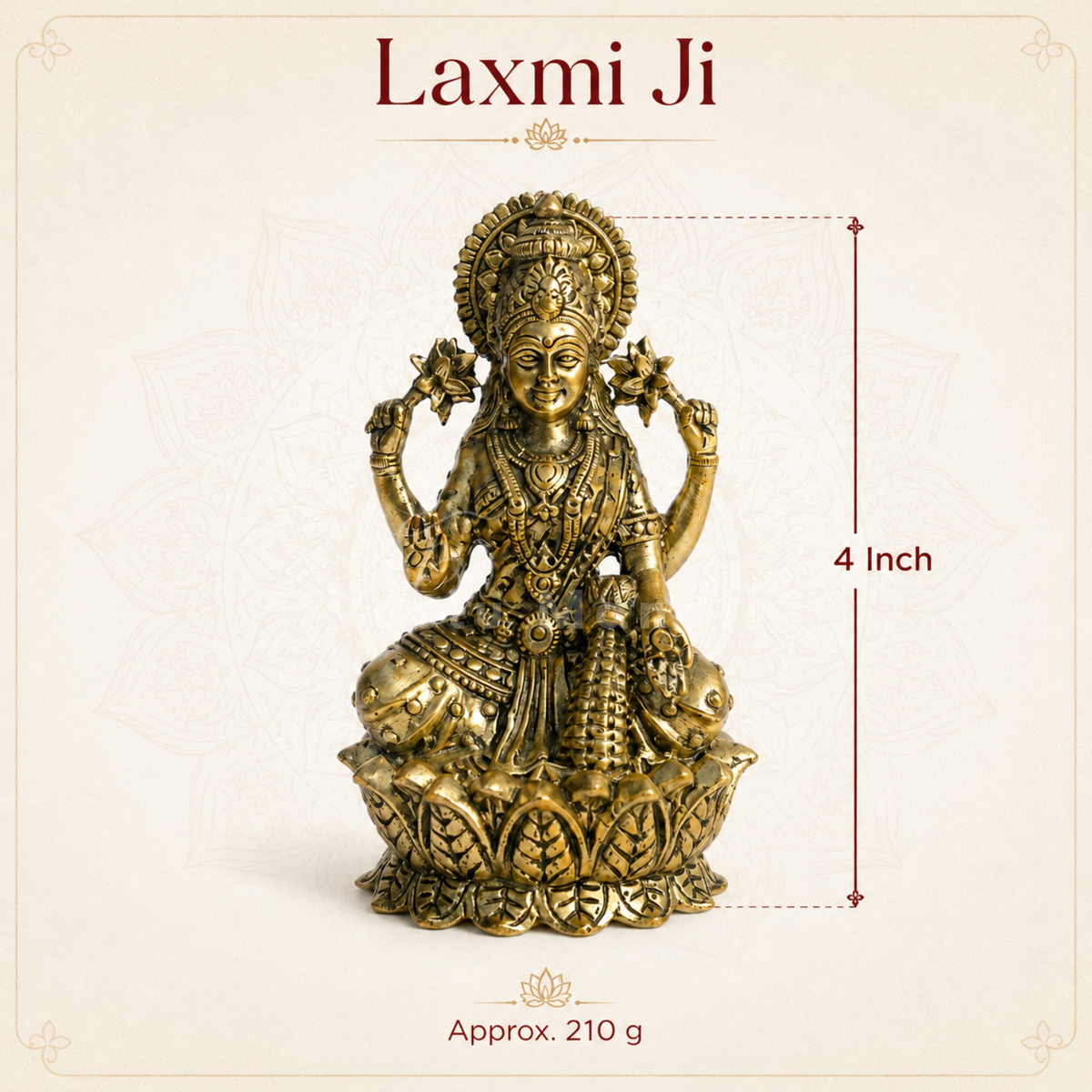 Brass Goddess Lakshmi idol close-up of the face, crown and jewellery details