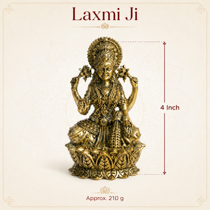 Brass Goddess Lakshmi idol close-up of the face, crown and jewellery details