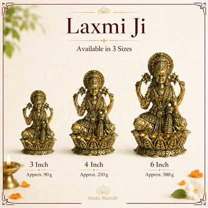 Brass Goddess Lakshmi idol feature infographic highlighting lotus, crown and blessing hands