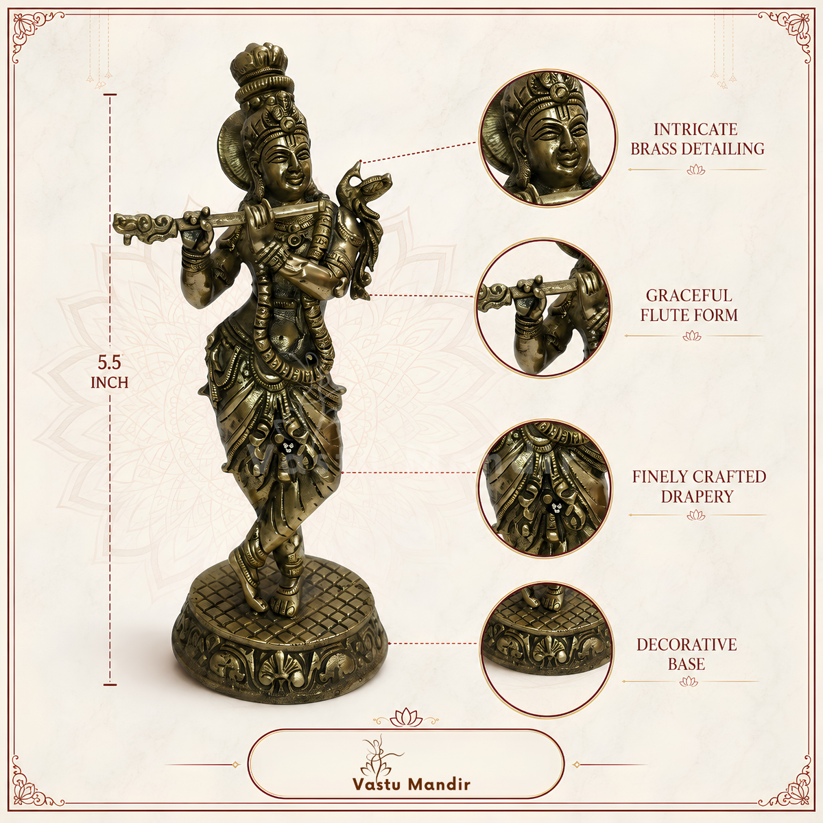 Brass Lord Krishna idol dimension and weight infographic for the 5.5-inch idol