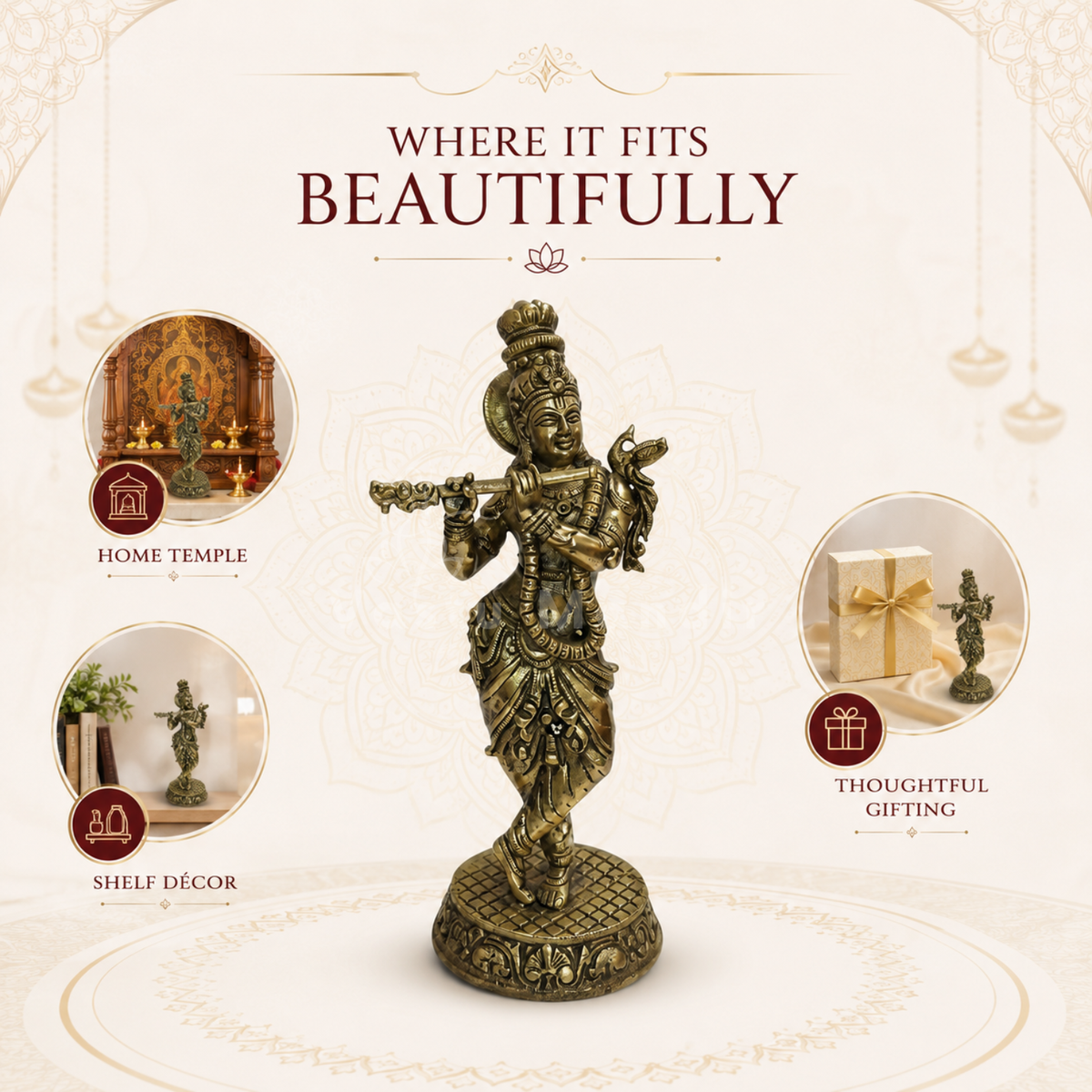 Brass Lord Krishna idol close-up of the face, crown and flute details
