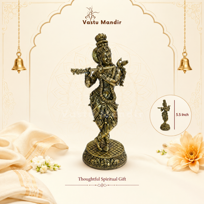 Brass Lord Krishna idol close-up of the decorated pedestal and feet