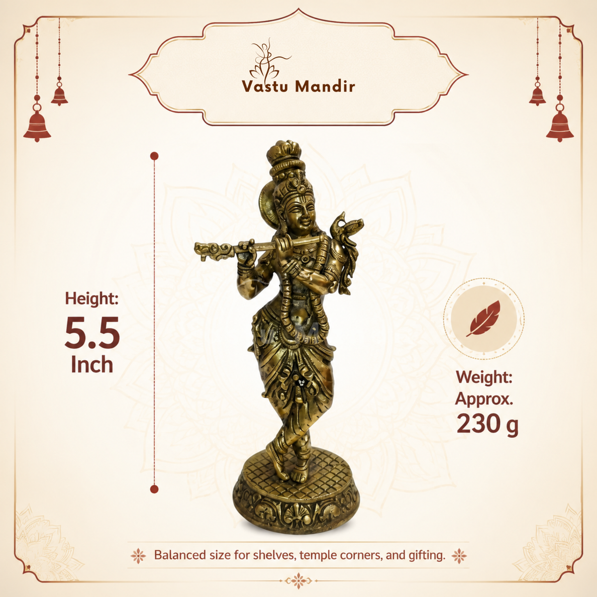 Brass Lord Krishna idol displayed in a home temple setting