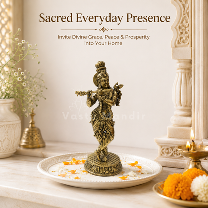 Brass Lord Krishna idol right-side view isolated on white background