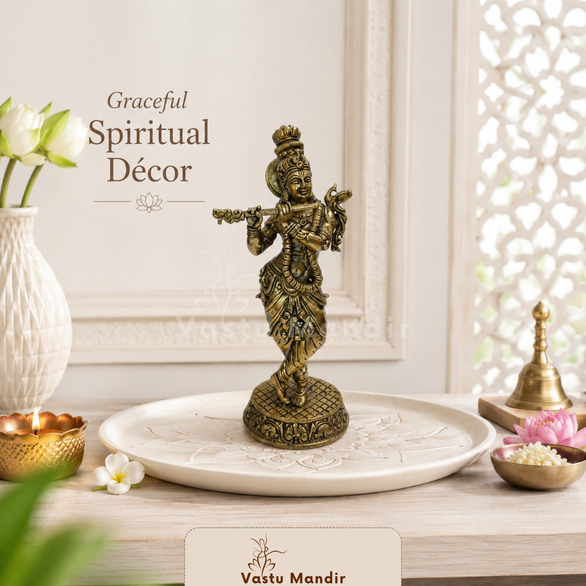 Brass Lord Krishna idol feature infographic highlighting flute, crown and standing pose