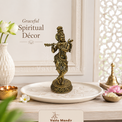 Brass Lord Krishna idol feature infographic highlighting flute, crown and standing pose