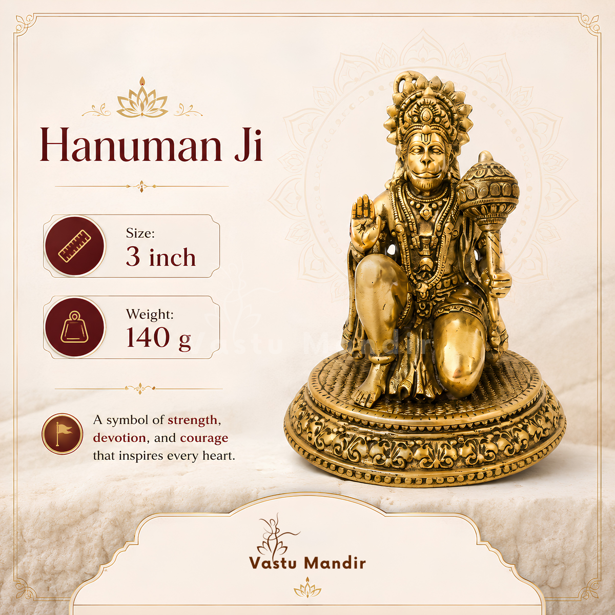 Hanuman Ji brass idol feature infographic highlighting gada, posture and brass detailing