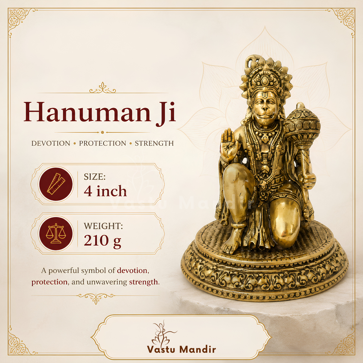 Hanuman Ji brass idol dimension and weight infographic for the larger idol