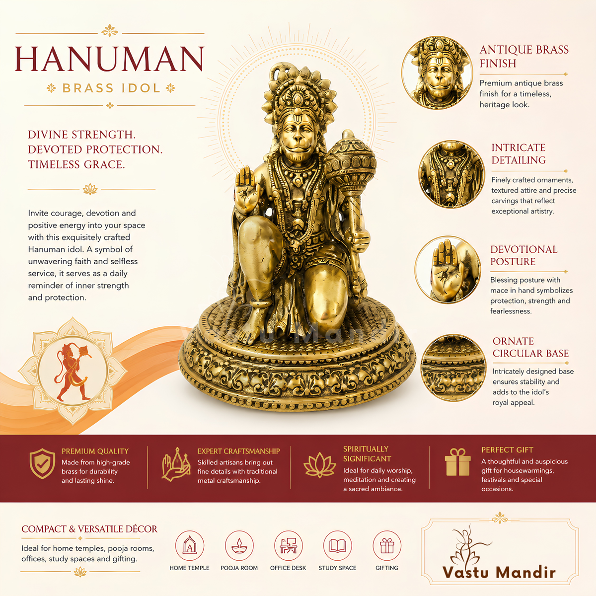 Hanuman Ji brass idol dimension and weight infographic for the smaller idol