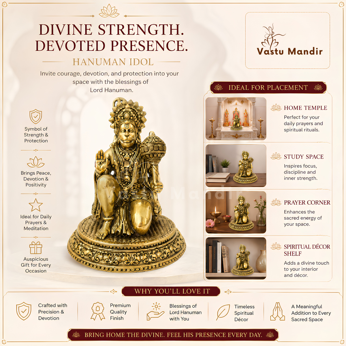 Hanuman Ji brass idol displayed in a home temple setting