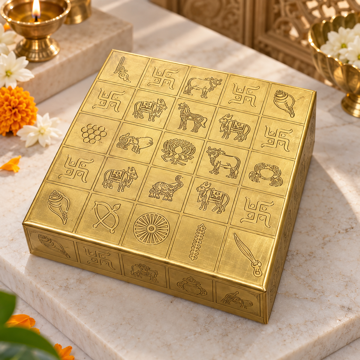 Brass Manjusha Yantra Box with Partition – Vastu Remedy for Brahmasthan Correction | 16-Compartment Energy Organizer with 45 Devta Symbols | 5 & 9 Inch Sizes