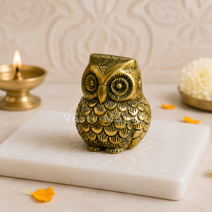 Brass Owl Idol Vastu Remedy for Wisdom, Wealth Guidance and Intuitive Clarity for Home, Office and Study Table Placement | 6 x 9 cm | 620 gm