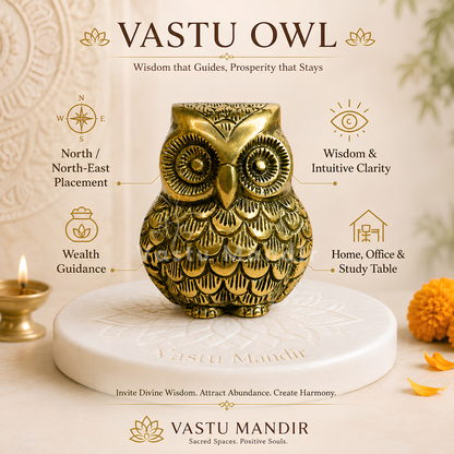 Brass Owl Idol Vastu Remedy for Wisdom, Wealth Guidance and Intuitive Clarity for Home, Office and Study Table Placement | 6 x 9 cm | 620 gm