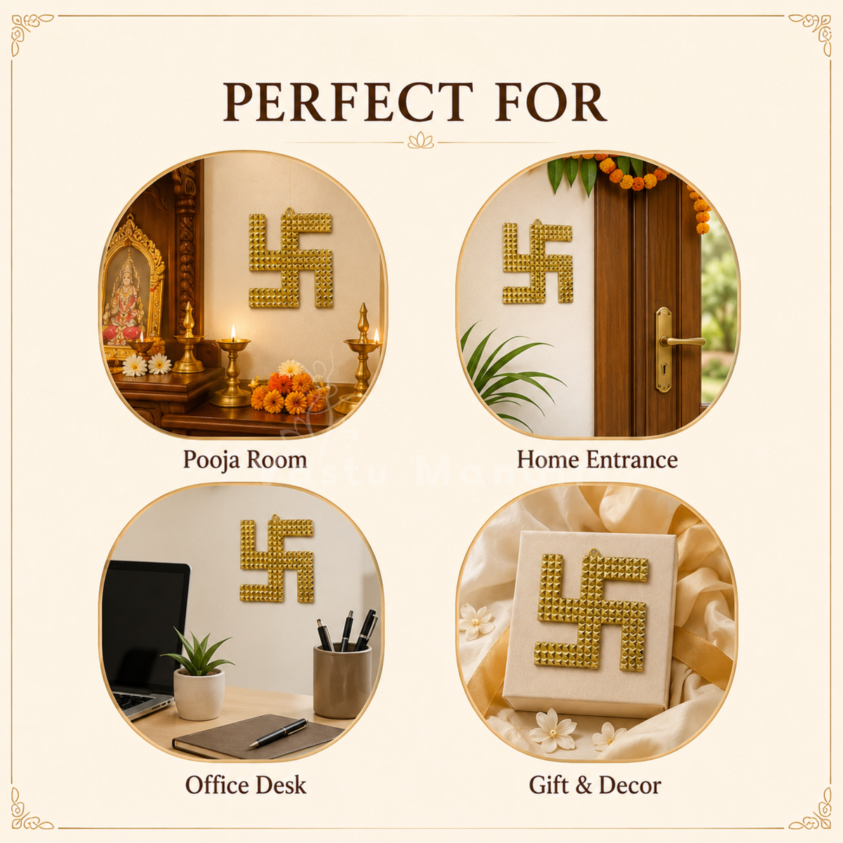 Brass pyramid swastik displayed with traditional décor elements