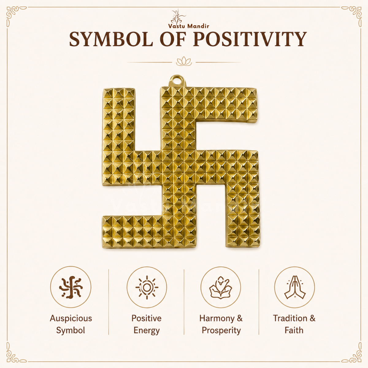 Brass swastik shown in a styled home temple setting