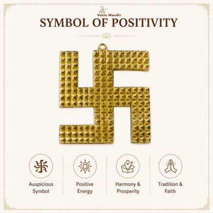 Brass swastik shown in a styled home temple setting