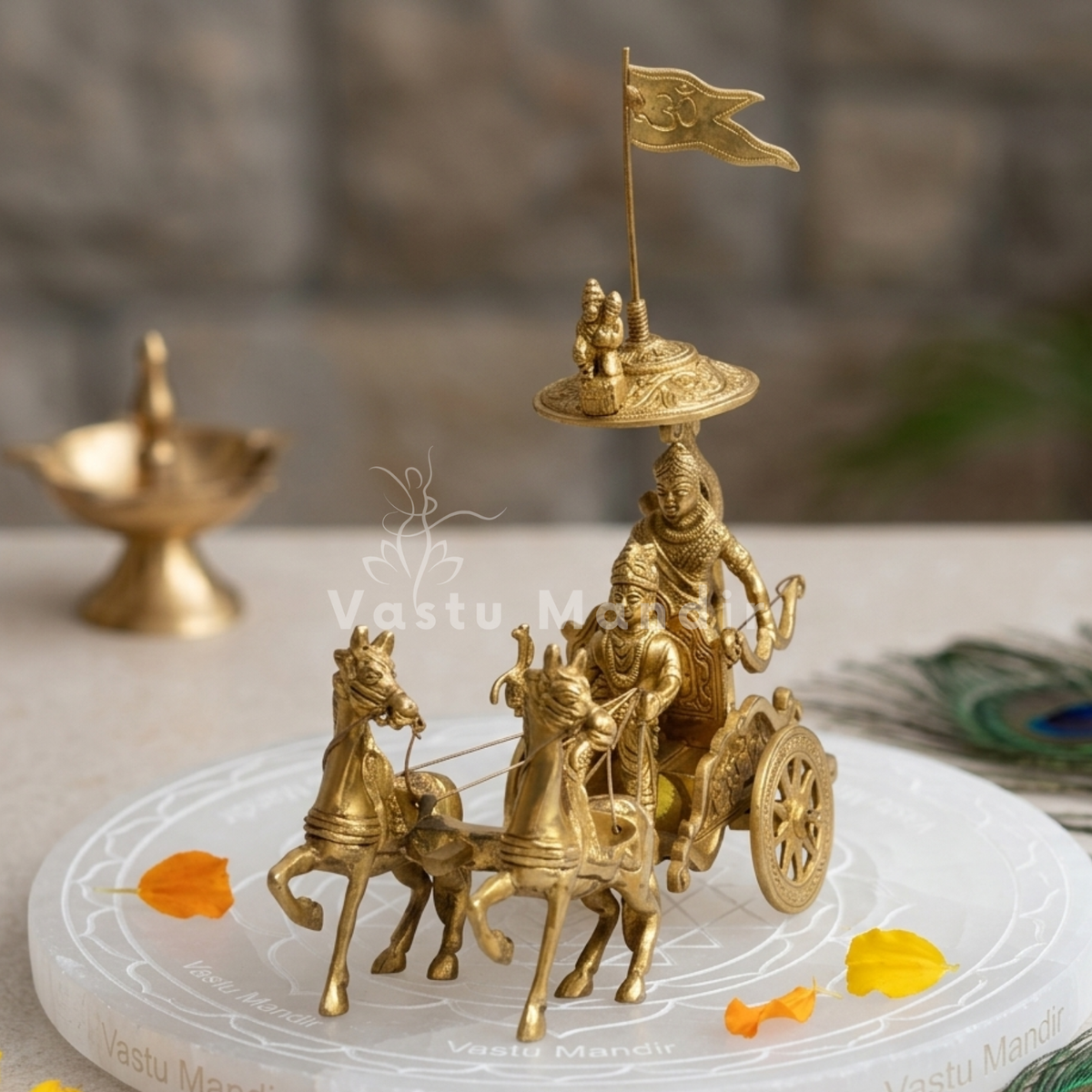 Krishna and Arjuna's Pure Brass 2-Horses Rath Statue Idol Decorative Showpiece for Home, Office, Living Room | 21.5 x 7.6 x 22 cm | 1.350 kg