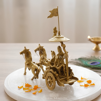 Krishna and Arjuna's Pure Brass 2-Horses Rath Statue Idol Decorative Showpiece for Home, Office, Living Room | 21.5 x 7.6 x 22 cm | 1.350 kg