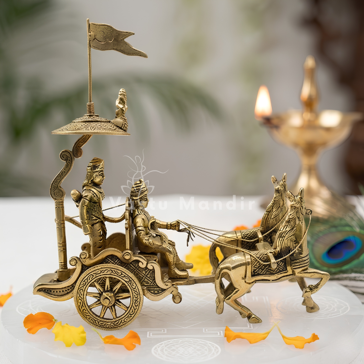 Krishna and Arjuna's Pure Brass 2-Horses Rath Statue Idol Decorative Showpiece for Home, Office, Living Room | 21.5 x 7.6 x 22 cm | 1.350 kg