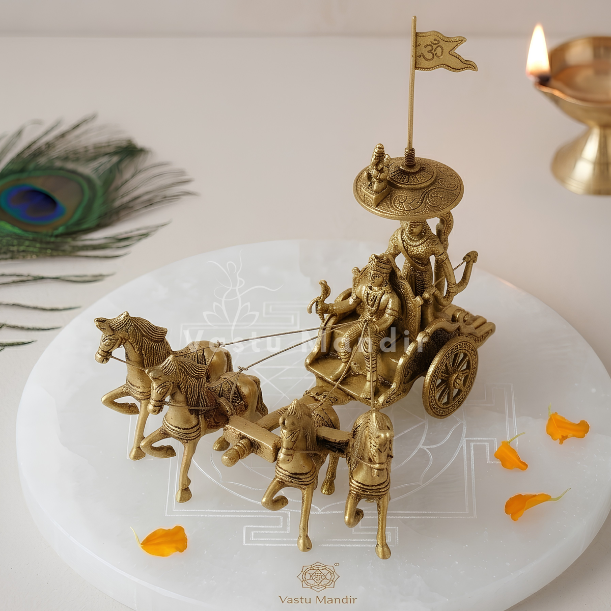 Krishna and Arjuna's Pure Brass 4-Horses Rath Statue Idol Decorative Showpiece for Home, Office, Living Room by Vastu Mandir | 24 x 18 x 23cm | 2.35 kg 