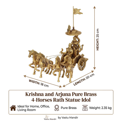 Krishna and Arjuna's Pure Brass 4-Horses Rath Statue Idol Decorative Showpiece for Home, Office, Living Room by Vastu Mandir | 24 x 18 x 23cm | 2.35 kg 