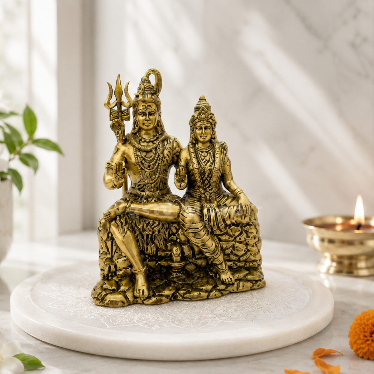 Brass Shiv Parvati idol on a marble base with candle and floral accents