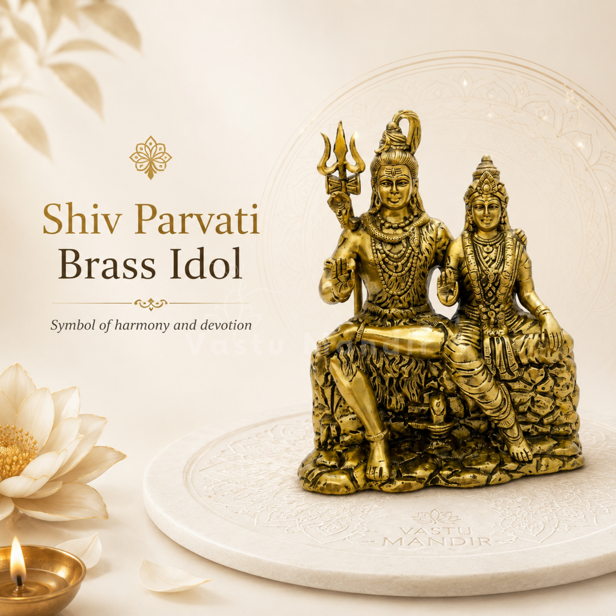 Brass Shiv Parvati idol on a white platform with sacred decorative elements