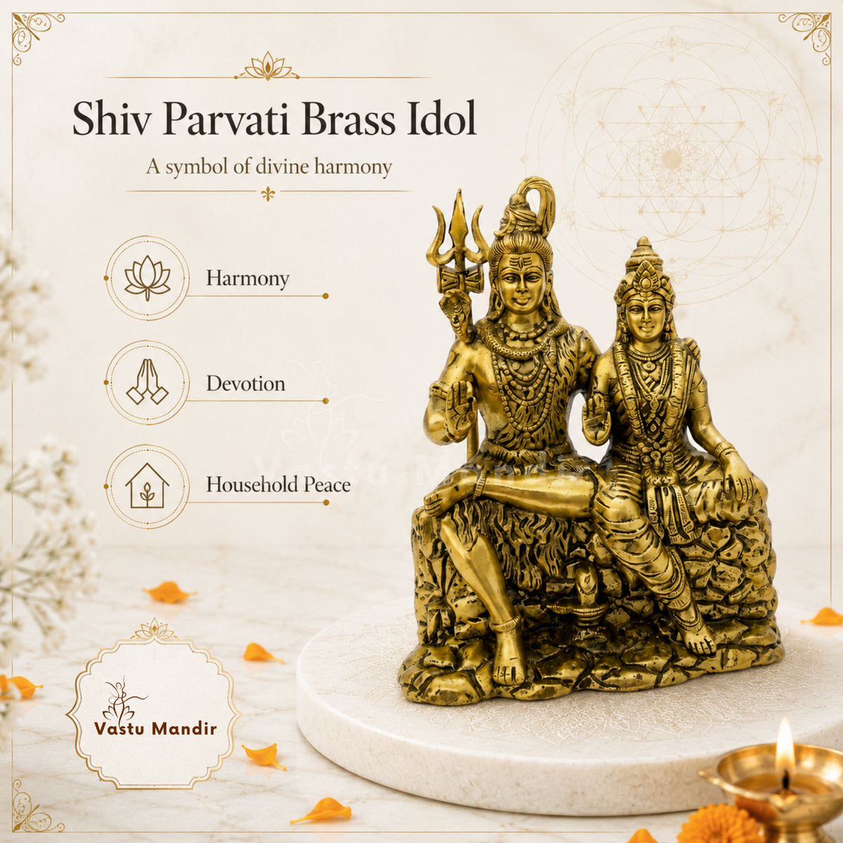 Brass Shiv Parvati idol on a white pedestal with sacred styling
