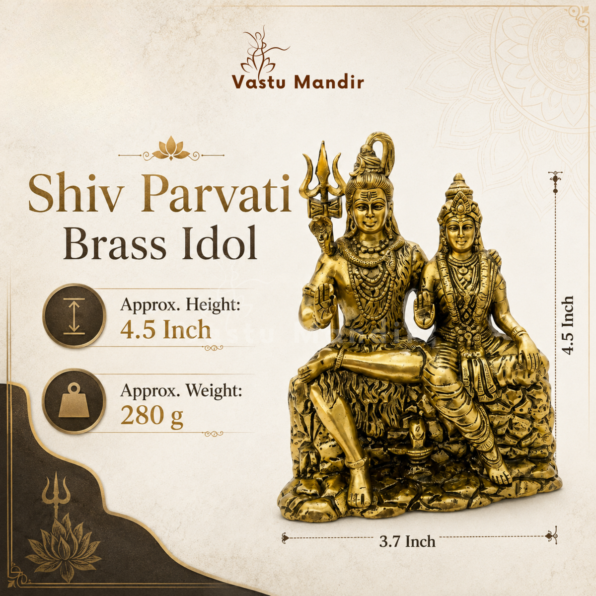 Brass Shiv Parvati idol dimension and weight infographic on a beige background