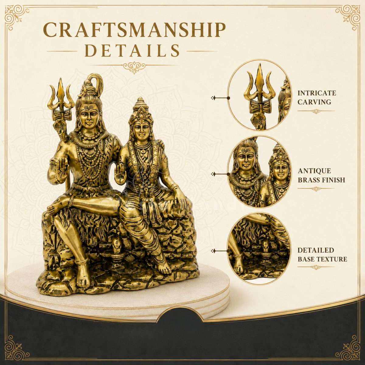 Brass Shiv Parvati idol close-up infographic of the figures and carved base