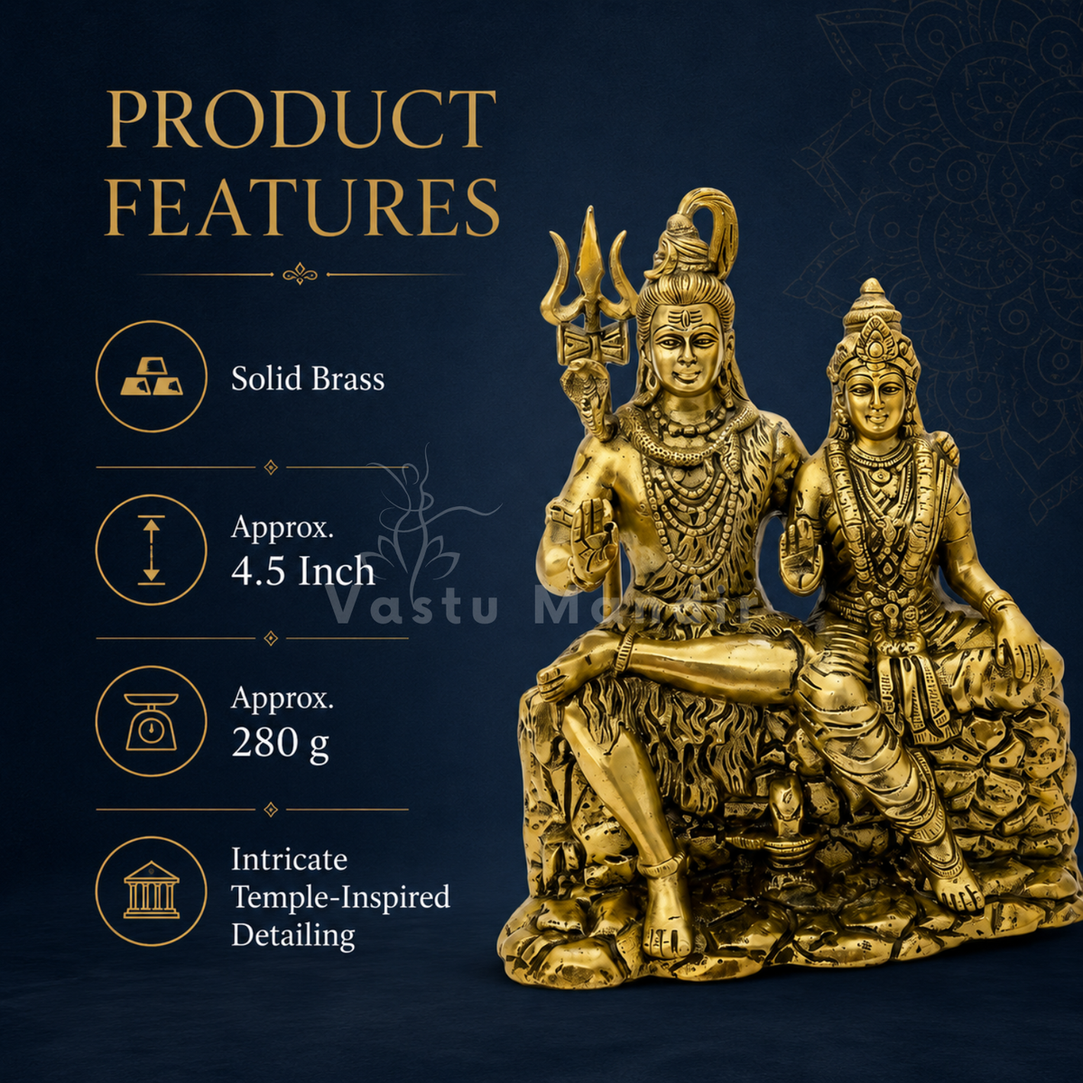 Brass Shiv Parvati idol feature infographic on a dark background