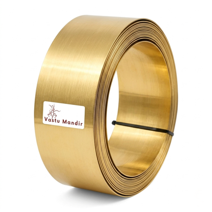 Upright pure brass Vastu strip roll with branded label on white