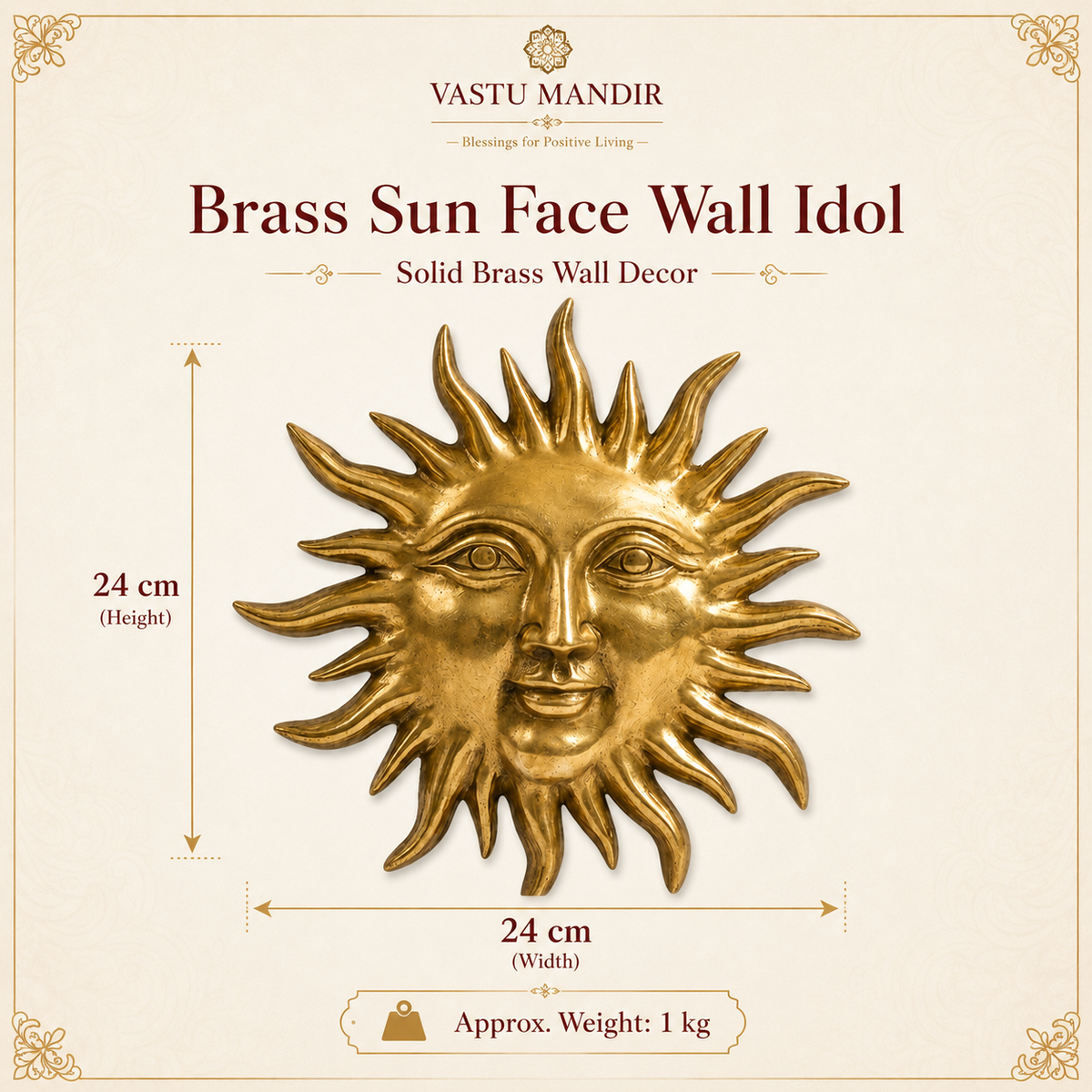Solid Brass Sun Face Wall Idol | Vastu Remedy for East Direction Prosperity & Fame | Main Door, Living Room & Office | 24 × 24 cm | 1 kg
