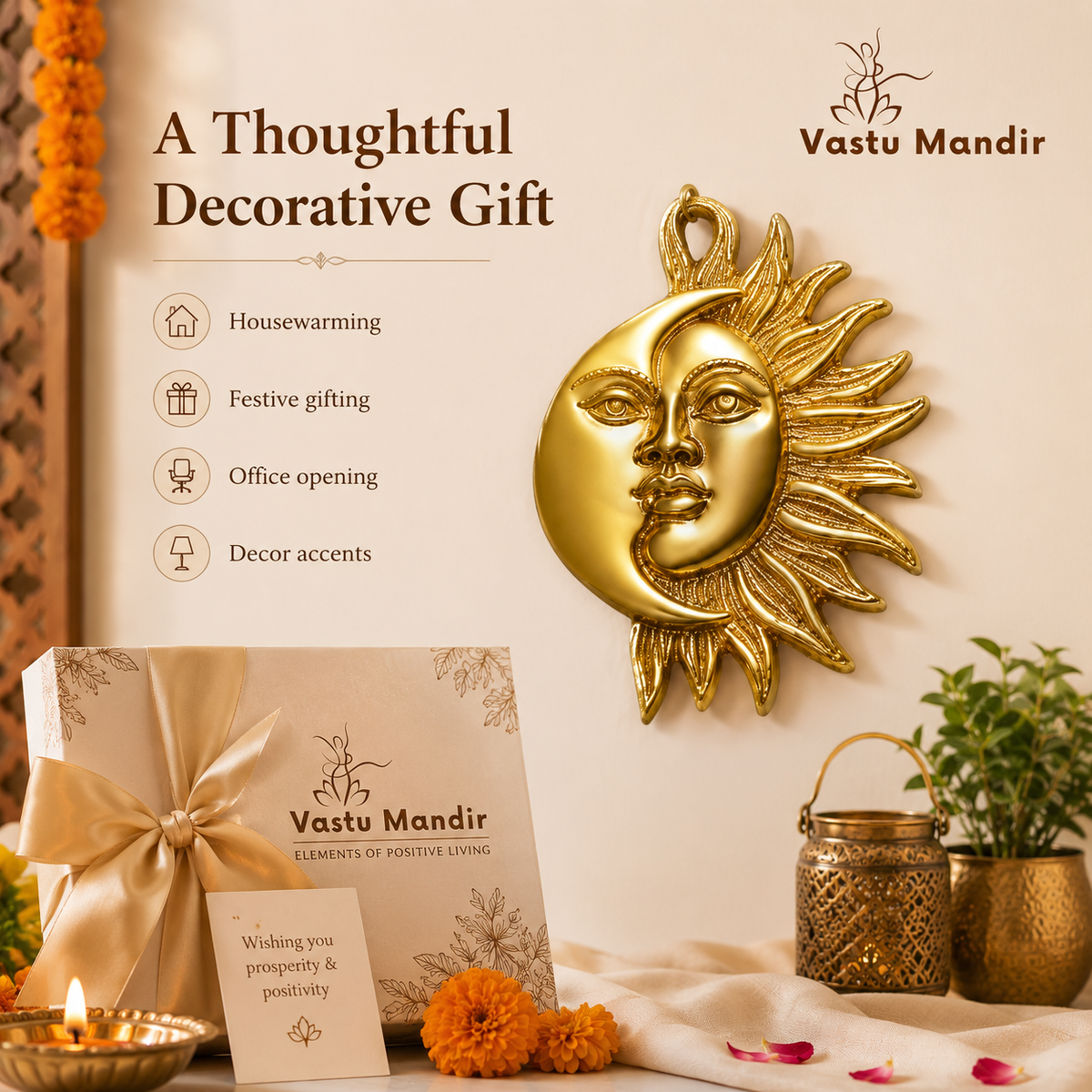 Brass Sun and Moon wall hanging presented as a decorative gift beside Vastu Mandir packaging